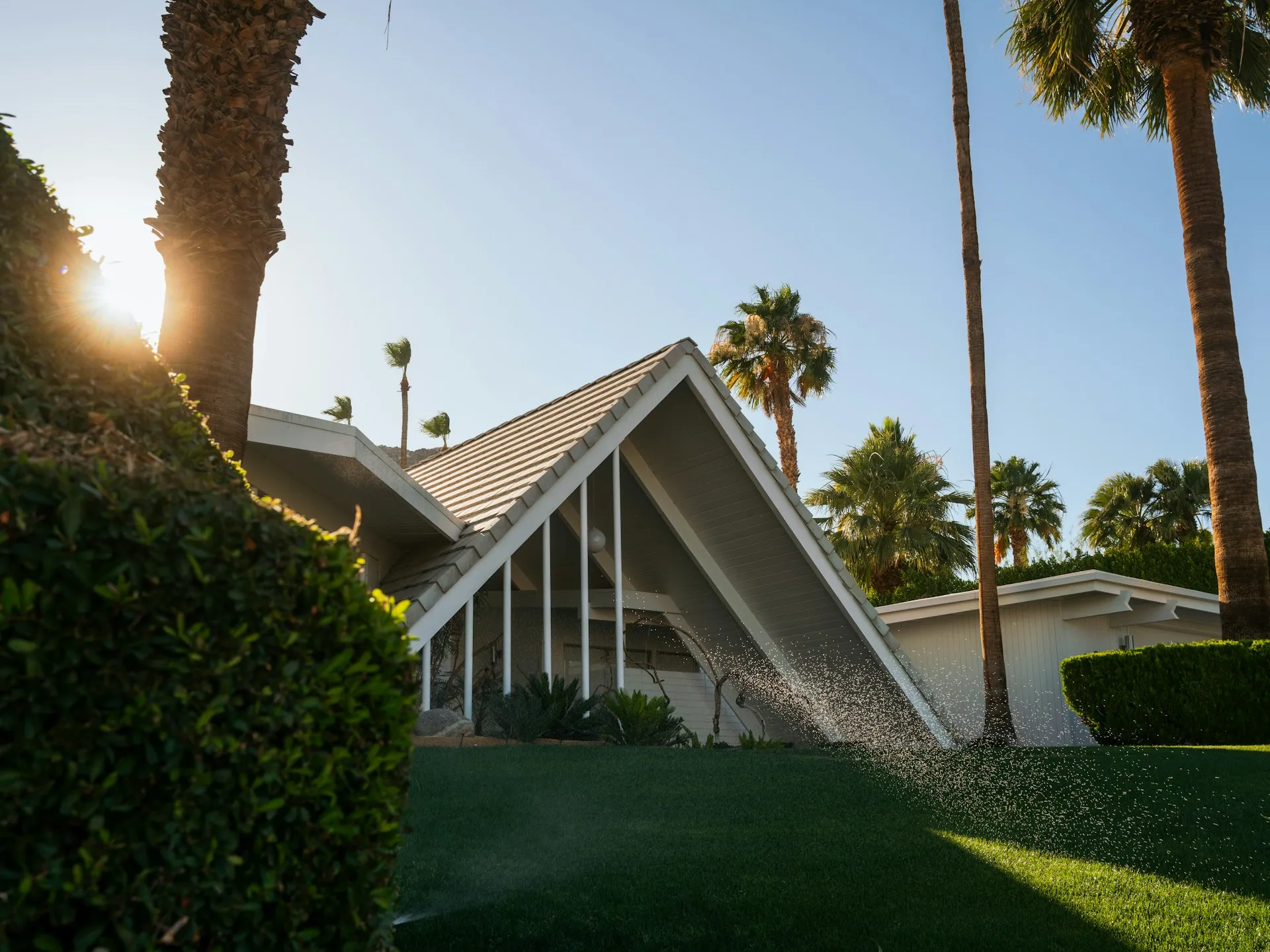 Modern home with triangular roof, palm trees, and landscaped yard.