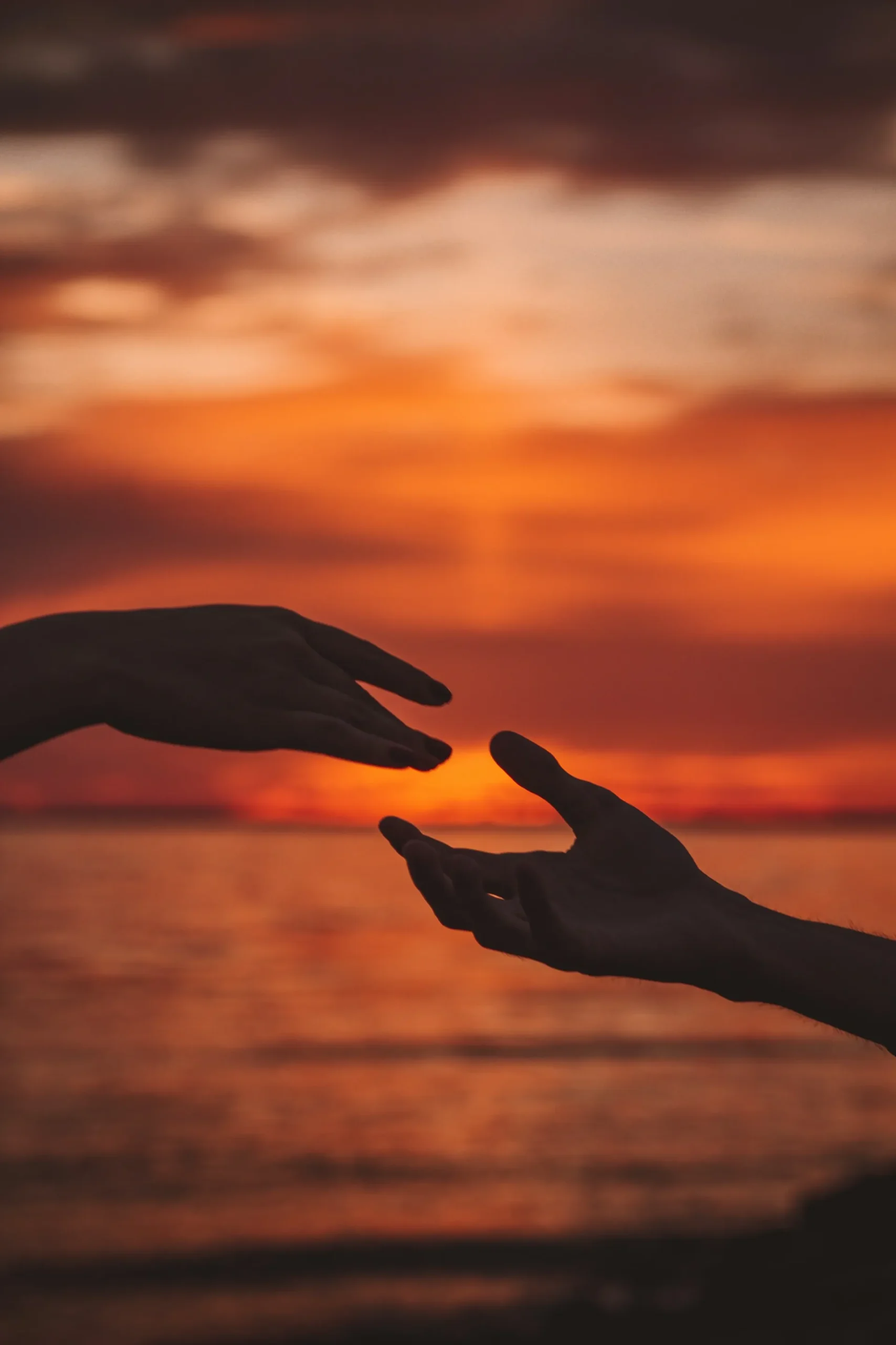Silhouettes of two hands reaching out to each other against a vibrant sunset over water.